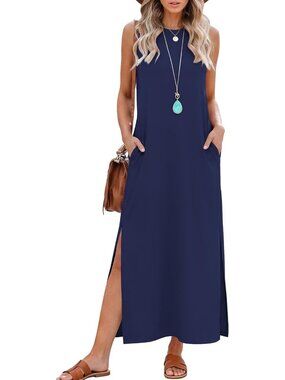 Women's Navy Summer Maxi Long Dress Sleeveless Side Slit Casual With Pockets